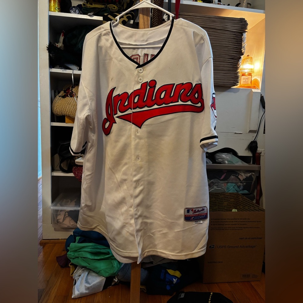 Majestic White Baseball Jersey with Blue and Red Patch